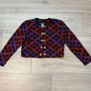 Vintage 90s Geometric Woven Jacket Heart Buttons - Size 8 Positive Attitude